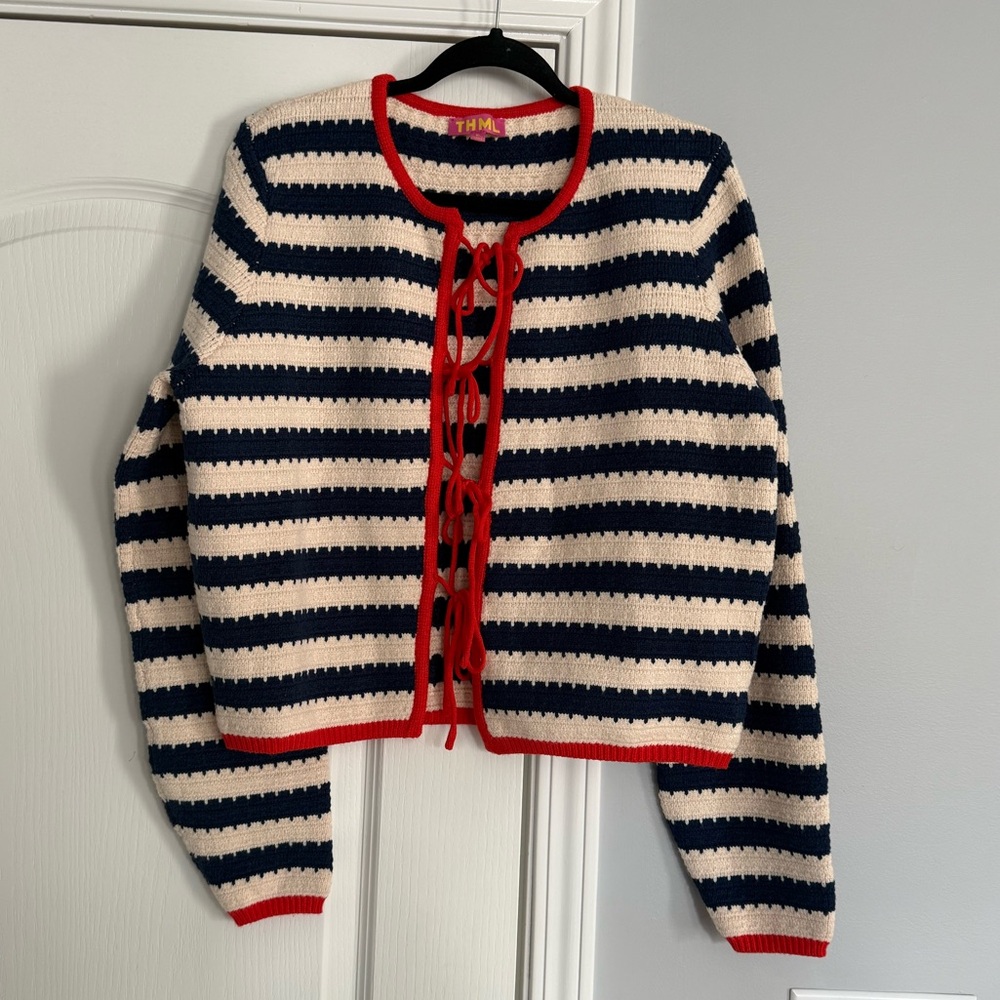 NWOT THML Navy and Cream Striped Cardigan with Red Trim